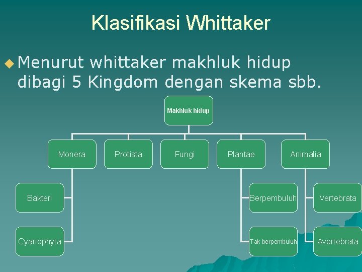 Klasifikasi Whittaker u Menurut whittaker makhluk hidup dibagi 5 Kingdom dengan skema sbb. Makhluk