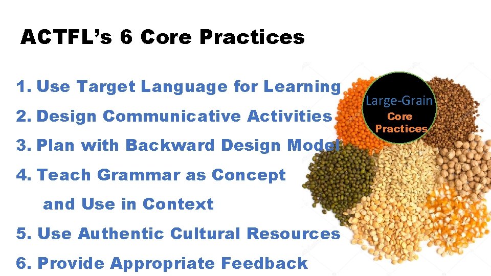 ACTFL’s 6 Core Practices 1. Use Target Language for Learning 2. Design Communicative Activities