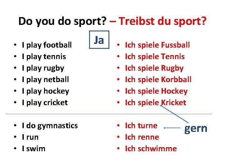 Do you do sport? – Treibst du sport? • • • I play football