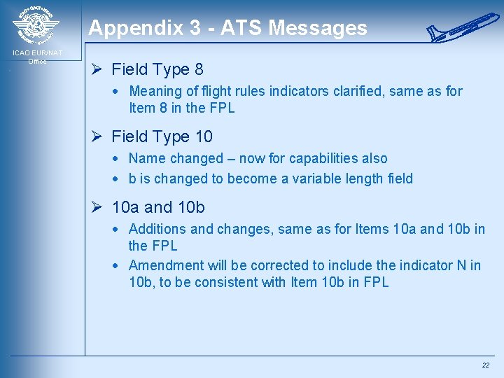 Appendix 3 - ATS Messages ICAO EUR/NAT Office Ø Field Type 8 · Meaning