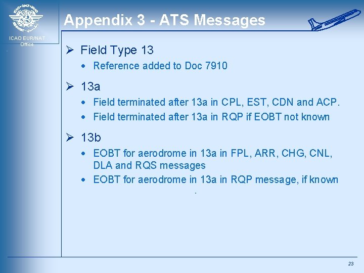 Appendix 3 - ATS Messages ICAO EUR/NAT Office Ø Field Type 13 · Reference