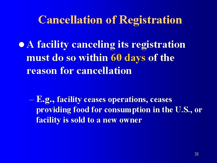 Cancellation of Registration l. A facility canceling its registration must do so within 60