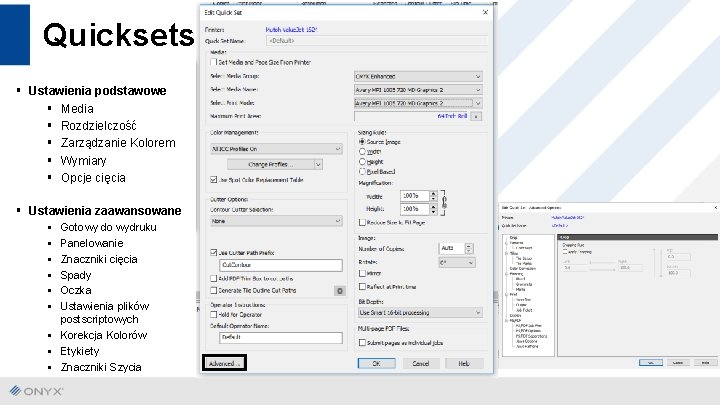 Quicksets § Ustawienia podstawowe § Media § Rozdzielczość § Zarządzanie Kolorem § Wymiary §