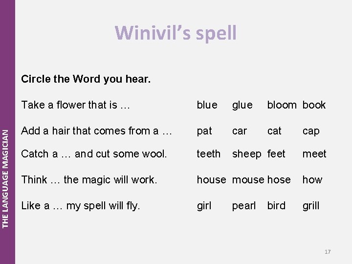 THE LANGUAGE MAGICIAN Winivil’s spell Circle the Word you hear. Take a flower that
