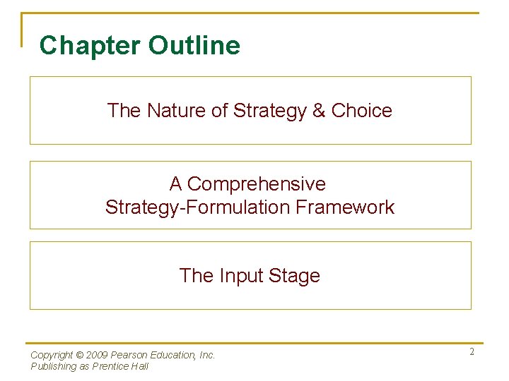 Chapter Outline The Nature of Strategy & Choice A Comprehensive Strategy-Formulation Framework The Input