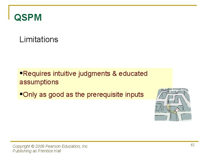 QSPM Limitations §Requires intuitive judgments & educated assumptions §Only as good as the prerequisite