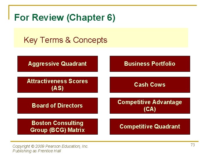 For Review (Chapter 6) Key Terms & Concepts Aggressive Quadrant Business Portfolio Attractiveness Scores