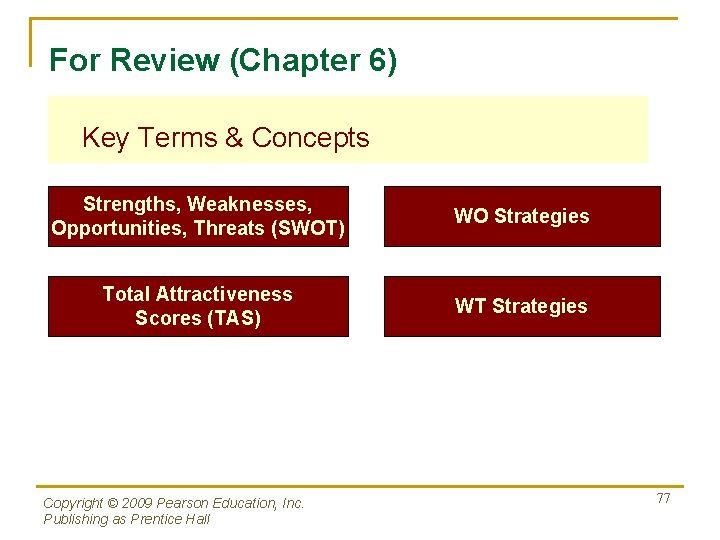 For Review (Chapter 6) Key Terms & Concepts Strengths, Weaknesses, Opportunities, Threats (SWOT) WO