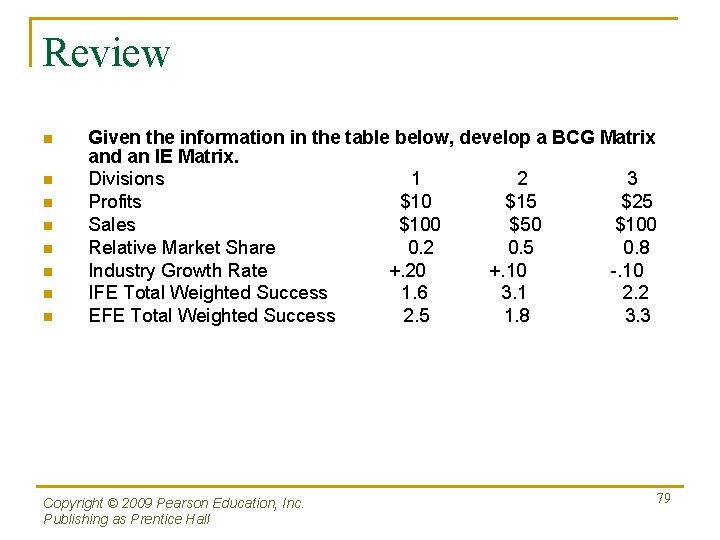 Review n n n n Given the information in the table below, develop a