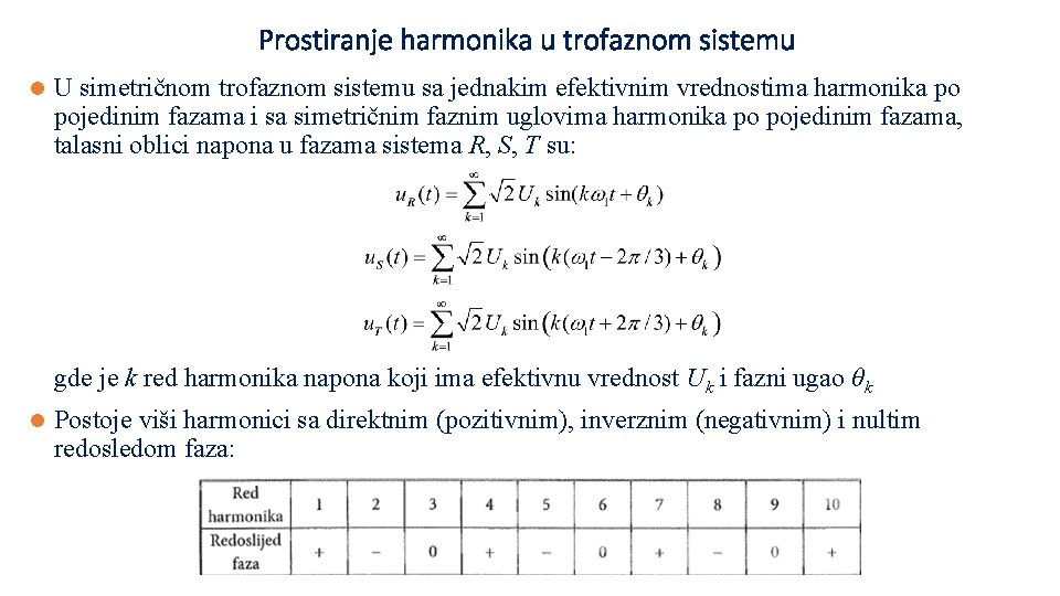 Prostiranje harmonika u trofaznom sistemu l U simetričnom trofaznom sistemu sa jednakim efektivnim vrednostima