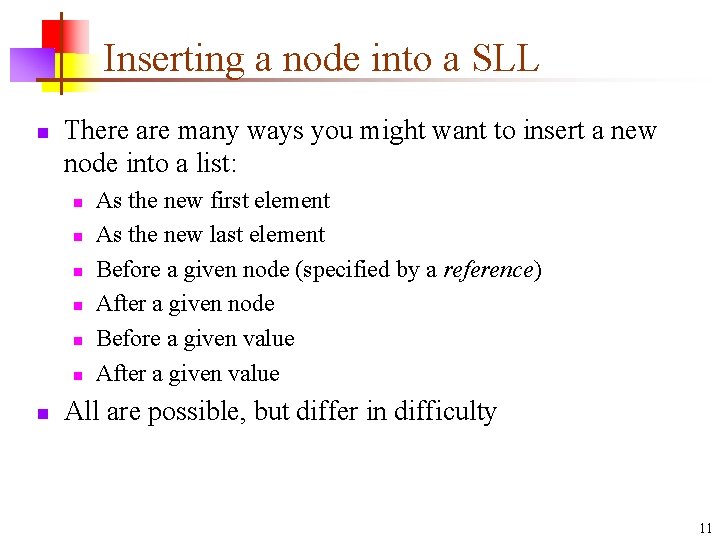 Inserting a node into a SLL n There are many ways you might want