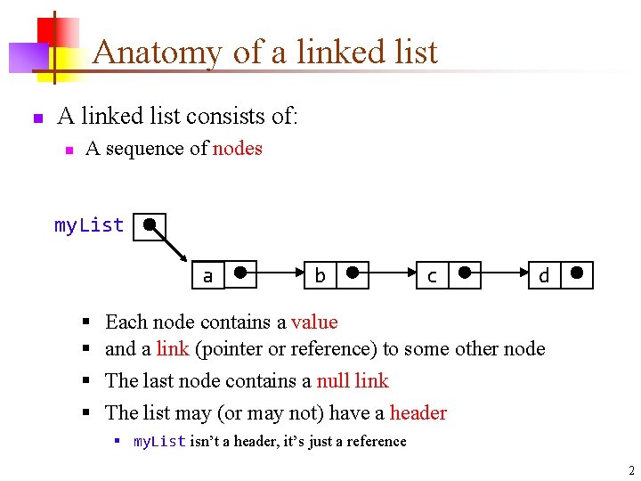 Anatomy of a linked list n A linked list consists of: n A sequence