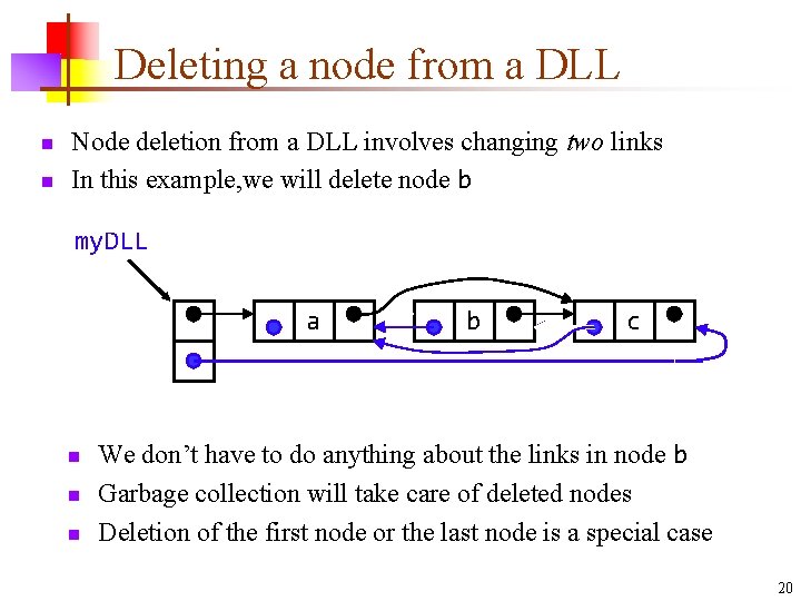 Deleting a node from a DLL n n Node deletion from a DLL involves