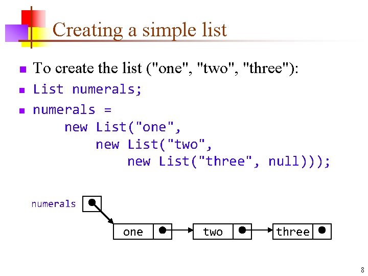 Creating a simple list n n n To create the list ("one", "two", "three"):