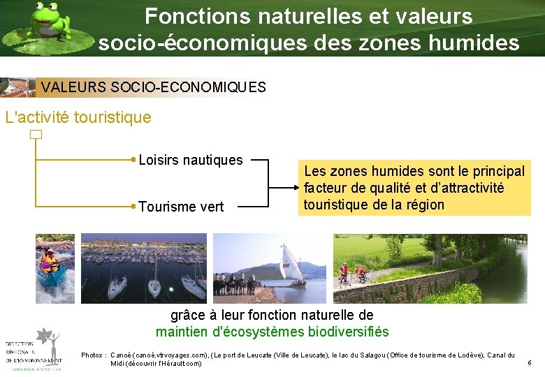 Fonctions naturelles et valeurs socio-économiques des zones humides VALEURS SOCIO-ECONOMIQUES L'activité touristique Loisirs nautiques