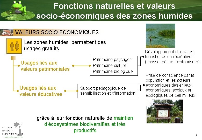 Fonctions naturelles et valeurs socio-économiques des zones humides VALEURS SOCIO-ECONOMIQUES Les zones humides permettent