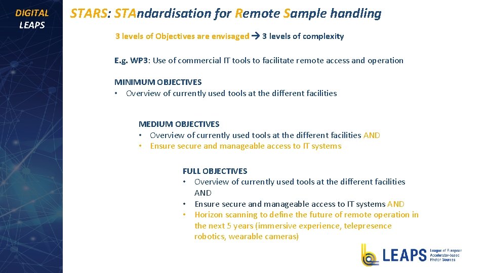 DIGITAL LEAPS STARS: STAndardisation for Remote Sample handling 3 levels of Objectives are envisaged