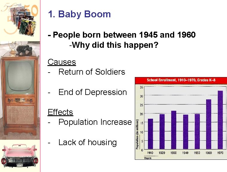 1. Baby Boom - People born between 1945 and 1960 -Why did this happen?