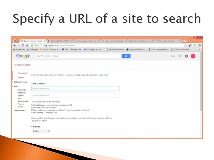 Specify a URL of a site to search 