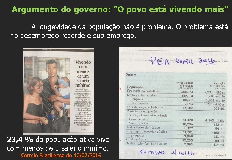 Argumento do governo: “O povo está vivendo mais” A longevidade da população não é