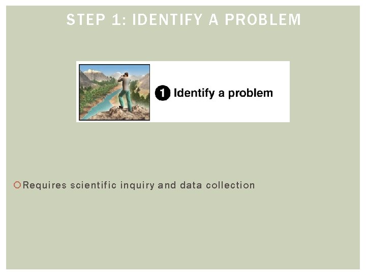 STEP 1: IDENTIFY A PROBLEM Requires scientific inquiry and data collection 