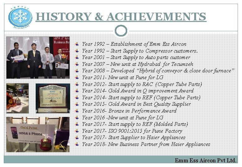 HISTORY & ACHIEVEMENTS Year 1992 – Establishment of Emm Ess Aircon Year 1992 –