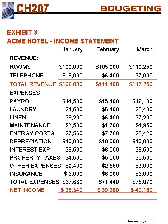 EXHIBIT 3 ACME HOTEL - INCOME STATEMENT January February March $100, 000 $105, 000