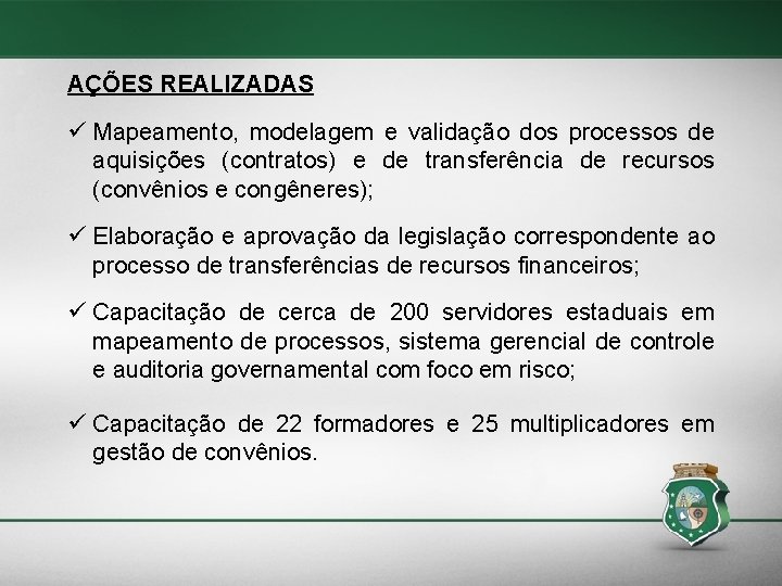 AÇÕES REALIZADAS Mapeamento, modelagem e validação dos processos de aquisições (contratos) e de transferência