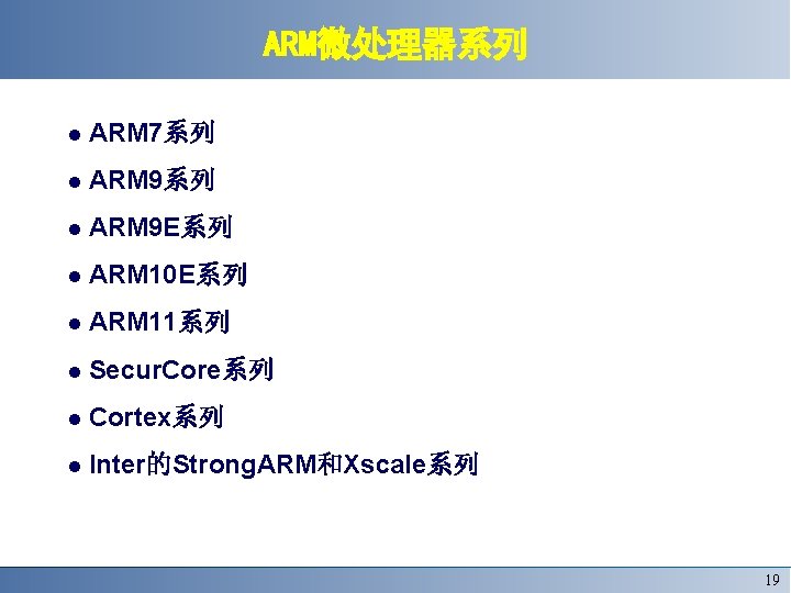 ARM微处理器系列 ARM 7系列 ARM 9 E系列 ARM 10 E系列 ARM 11系列 Secur. Core系列 Cortex系列