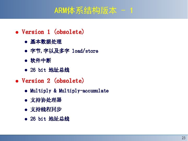 ARM体系结构版本 - 1 Version 1 (obsolete) 基本数据处理 字节, 字以及多字 load/store 软件中断 26 bit 地址总线