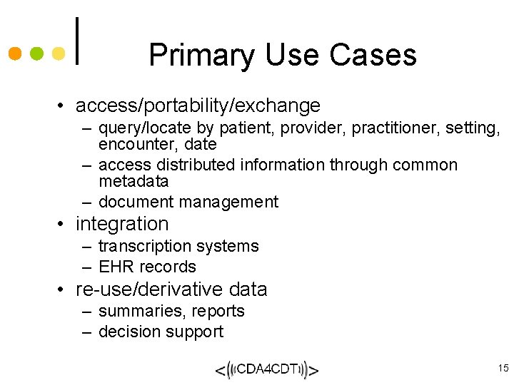 Primary Use Cases • access/portability/exchange – query/locate by patient, provider, practitioner, setting, encounter, date