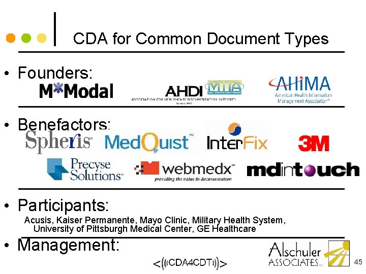CDA for Common Document Types • Founders: • Benefactors: • Participants: Acusis, Kaiser Permanente,