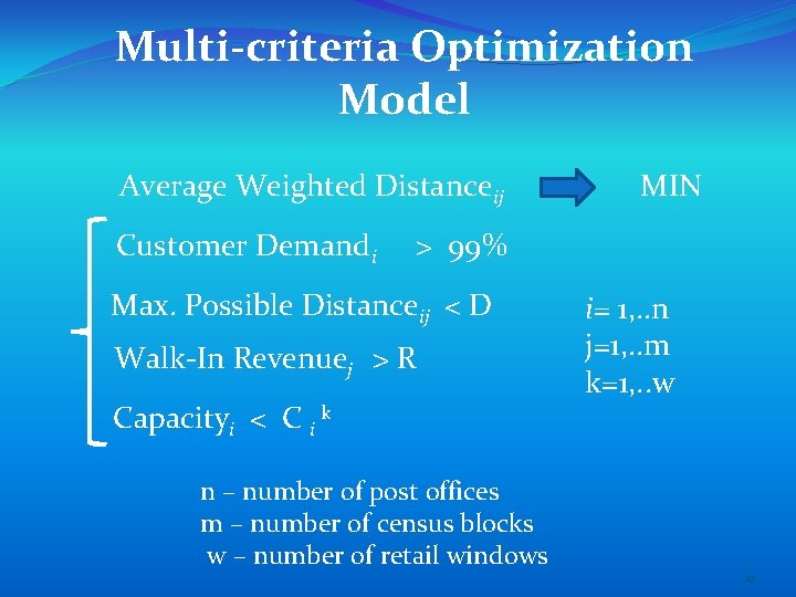 Multi-criteria Optimization Model Average Weighted Distanceij Customer Demandi MIN > 99% Max. Possible Distanceij