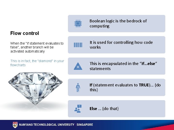 Boolean logic is the bedrock of computing Flow control When the “if statement evaluates