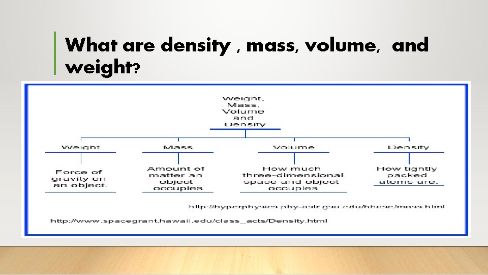 What are density , mass, volume, and weight? • Density: 