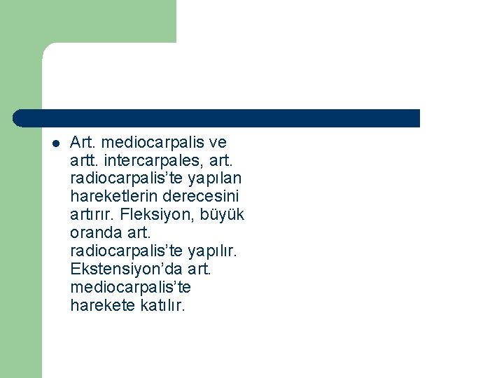 l Art. mediocarpalis ve artt. intercarpales, art. radiocarpalis’te yapılan hareketlerin derecesini artırır. Fleksiyon, büyük