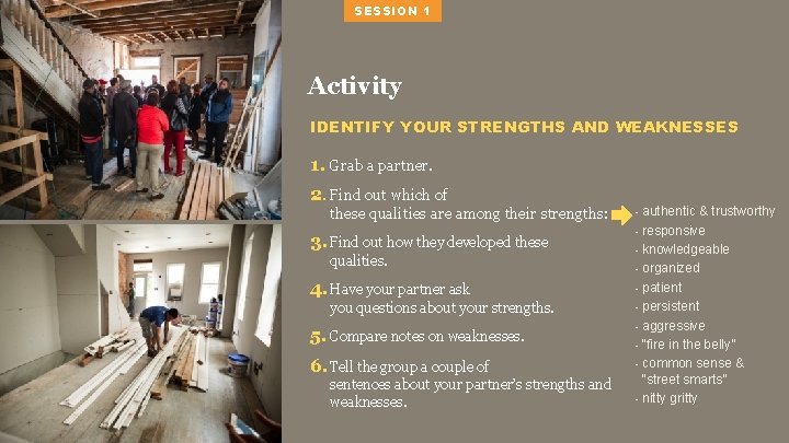SESSION 1 Activity IDENTIFY YOUR STRENGTHS AND WEAKNESSES 1. Grab a partner. 2. Find