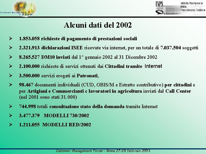 Alcuni dati del 2002 Ø 1. 853. 058 richieste di pagamento di prestazioni sociali