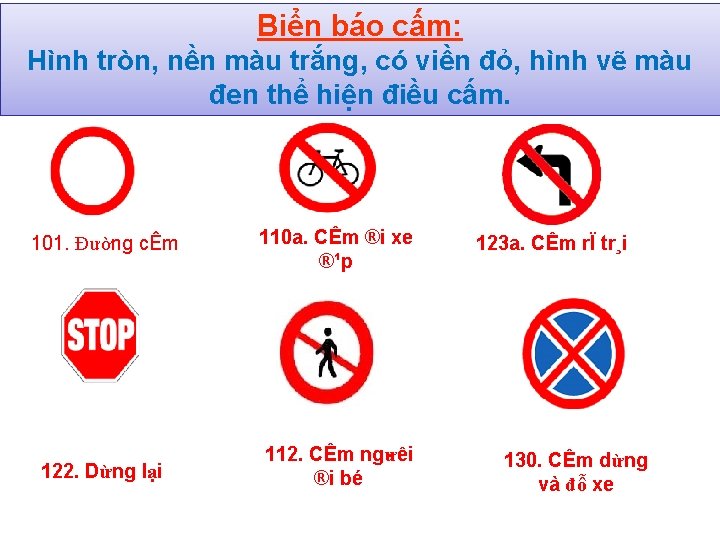 CÁC LOẠI BIỂN BÁO Biển báo cấm: Hình tròn, nền màu trắng, có viền