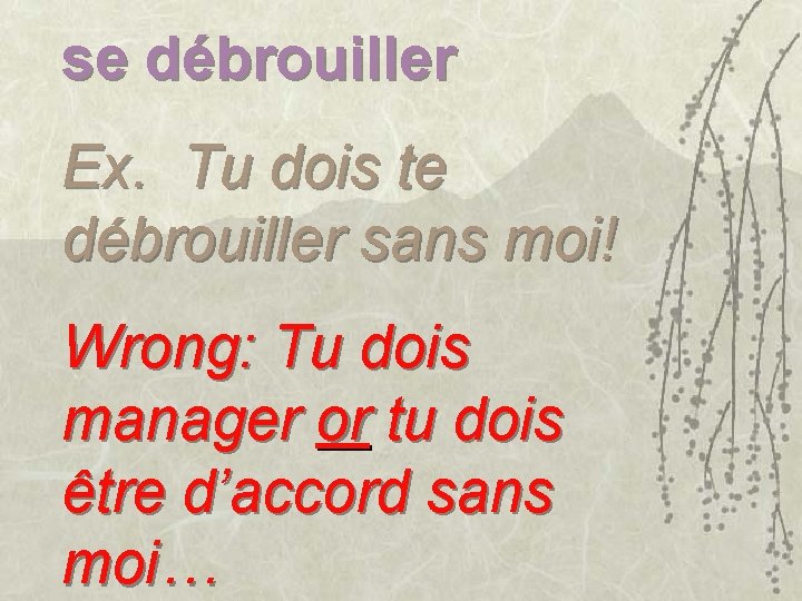 se débrouiller Ex. Tu dois te débrouiller sans moi! Wrong: Tu dois manager or