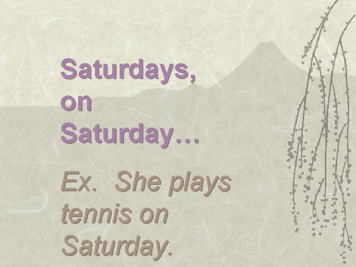 Saturdays, on Saturday… Ex. She plays tennis on Saturday. 