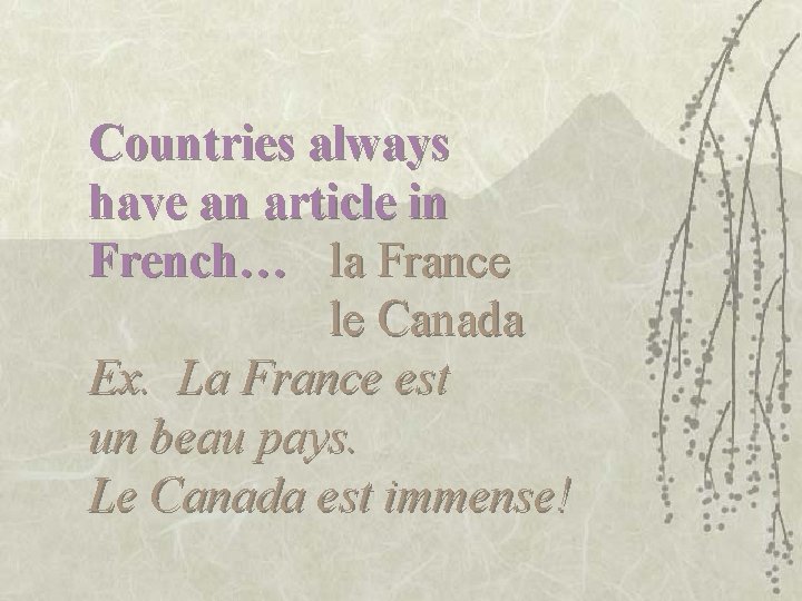 Countries always have an article in French… la France le Canada Ex. La France