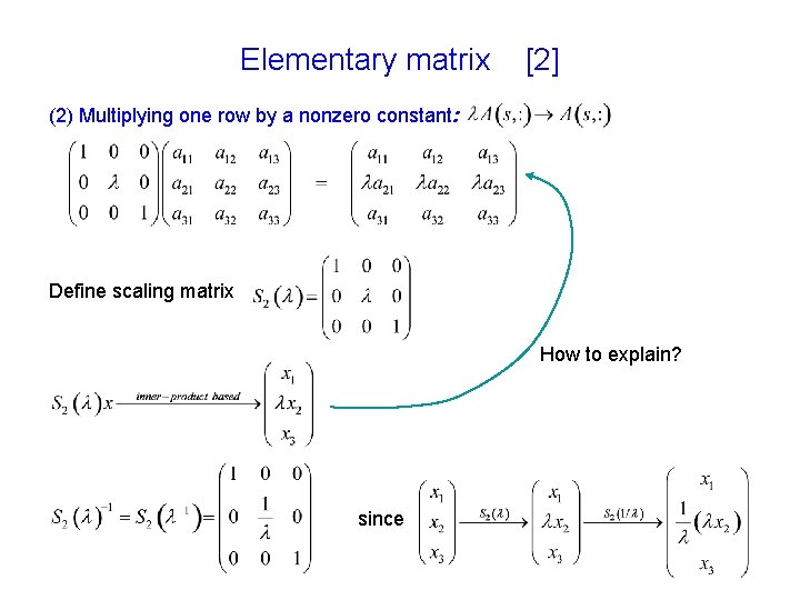 Elementary matrix [2] (2) Multiplying one row by a nonzero constant: Define scaling matrix