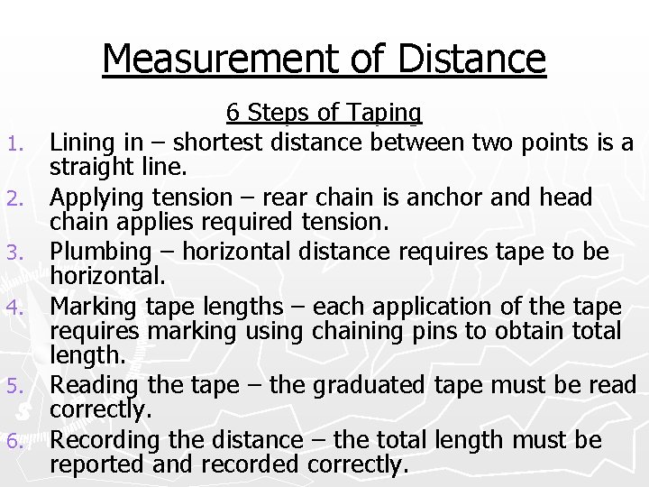 Measurement of Distance 1. 2. 3. 4. 5. 6. 6 Steps of Taping Lining