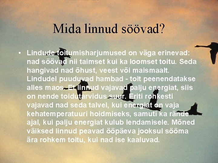 Mida linnud söövad? • Lindude toitumisharjumused on väga erinevad: nad söövad nii taimset kui