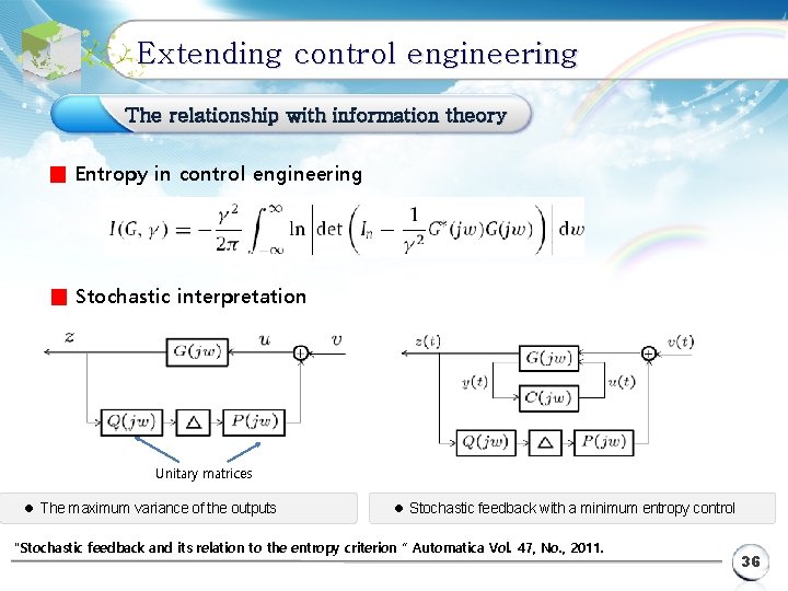 Extending control engineering The relationship with information theory ■ Entropy in control engineering ■