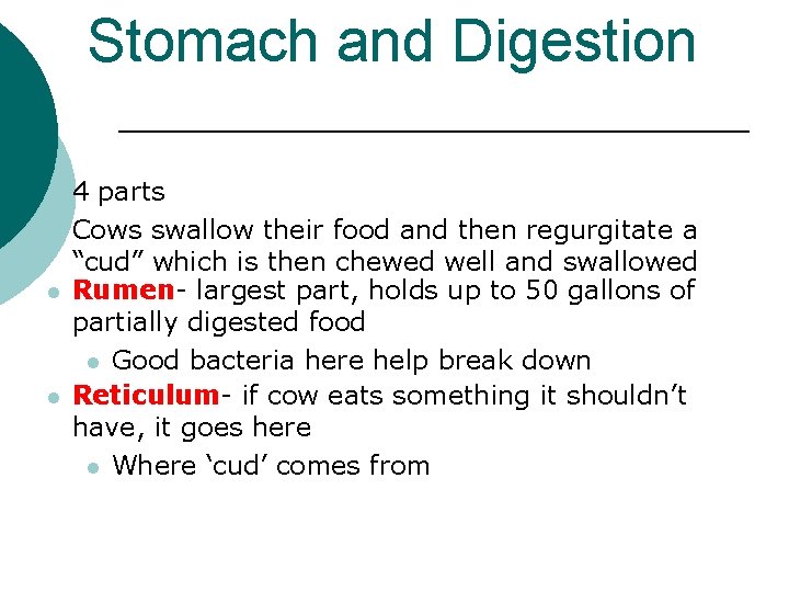 Stomach and Digestion l l 4 parts Cows swallow their food and then regurgitate