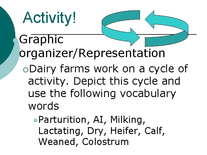 Activity! l Graphic organizer/Representation ¡Dairy farms work on a cycle of activity. Depict this