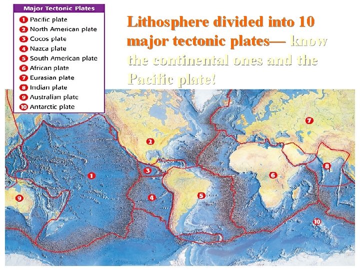 Lithosphere divided into 10 major tectonic plates— know the continental ones and the Pacific