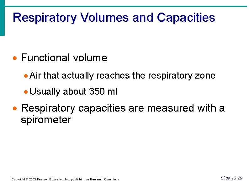 Respiratory Volumes and Capacities Functional volume Air that actually reaches the respiratory zone Usually